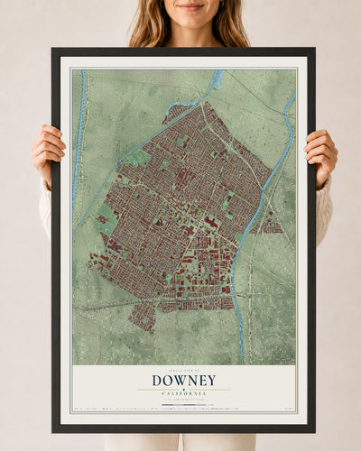 Map of Downey, California, 24 x 36 inch print in a black wood frame