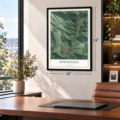 Downieville, California map, 18 x 24 inch print in a black frame in a home office