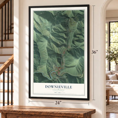 Downieville, California map, 24 x 36 inch print in a black frame by a staircase