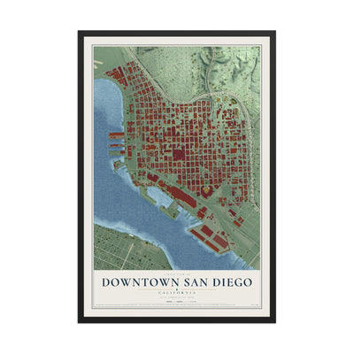 Map of Downtown San Diego, California, 12 x 18 inch print in a black wood frame