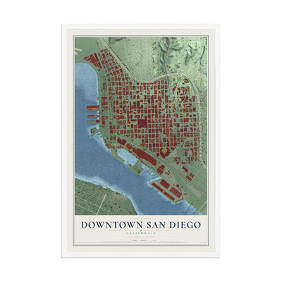 Map of Downtown San Diego, California, 12 x 18 inch print in a white wood frame