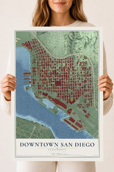 Map of Downtown San Diego, California, 18 x 24 inch unframed archival matte print