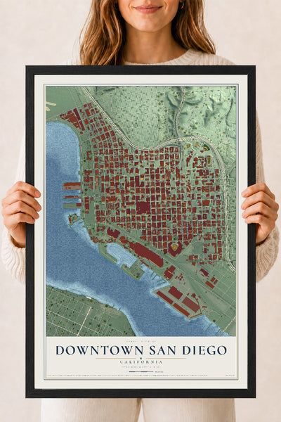 Map of Downtown San Diego, California, 18 x 24 inch print in a black wood frame