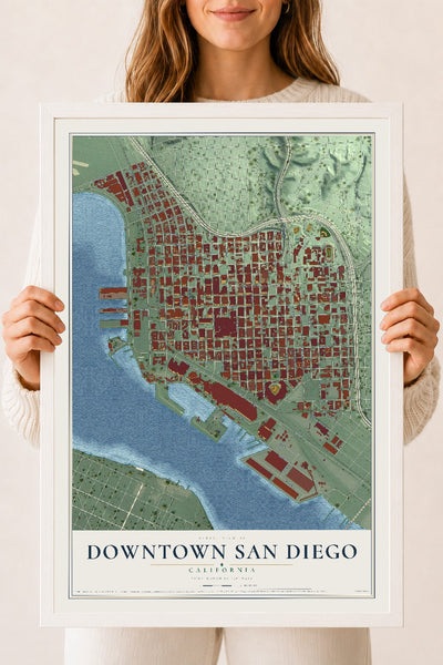 Map of Downtown San Diego, California, 18 x 24 inch print in a white wood frame