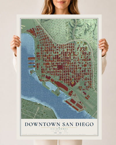 Map of Downtown San Diego, California, 24 x 36 inch unframed archival matte print