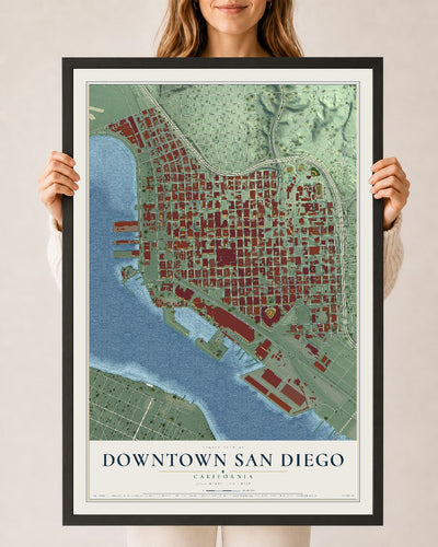 Map of Downtown San Diego, California, 24 x 36 inch print in a black wood frame
