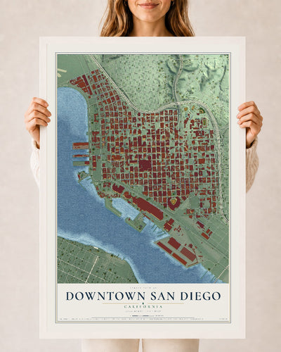 Map of Downtown San Diego, California, 24 x 36 inch print in a white wood frame