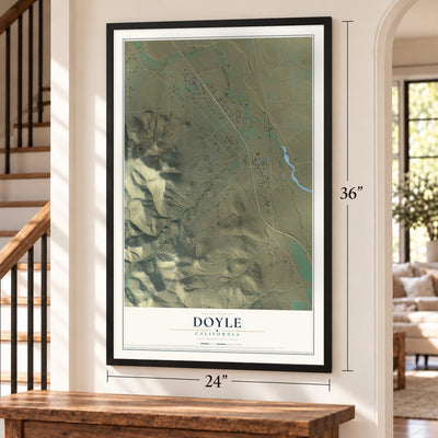 Doyle, California map, 24 x 36 inch print in a black frame by a staircase