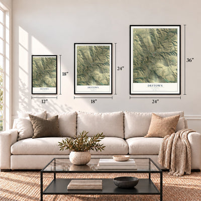 Drytown, California map in 12 x 18, 18 x 24 and 24 x 36 inch sizes above a sofa