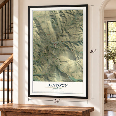 Drytown, California map, 24 x 36 inch print in a black frame by a staircase