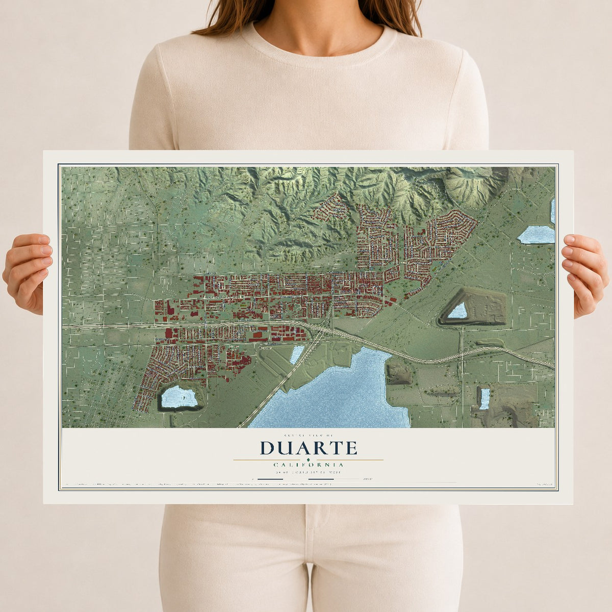 Map of Duarte, California, 12 x 18 inch unframed archival matte print