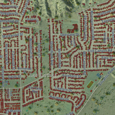 Close-up of the map of Duarte, California print showing street and building detail