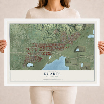 Map of Duarte, California, 18 x 24 inch print in a white wood frame