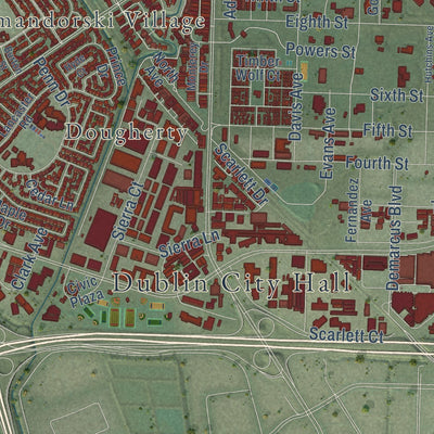 Second close-up of the map of Dublin, California print showing more streets and buildings