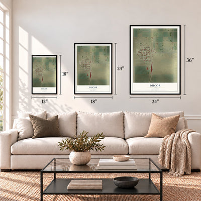 Ducor, California map in 12 x 18, 18 x 24 and 24 x 36 inch sizes above a sofa