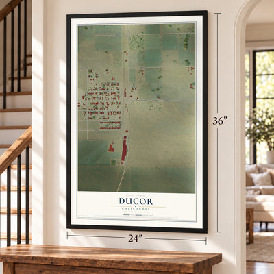 Ducor, California map, 24 x 36 inch print in a black frame by a staircase
