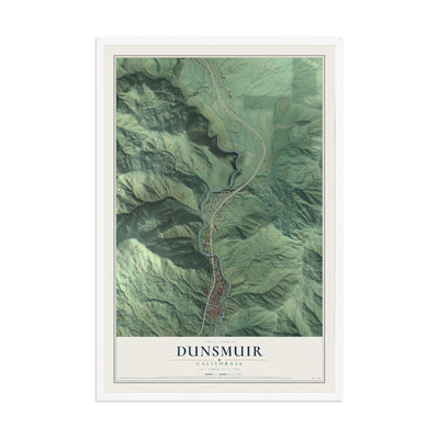 Map of Dunsmuir, California, 12 x 18 inch print in a white wood frame