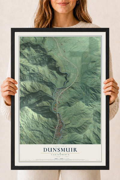 Map of Dunsmuir, California, 18 x 24 inch print in a black wood frame