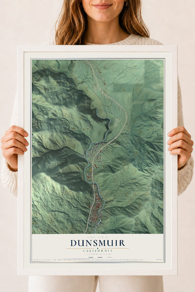 Map of Dunsmuir, California, 18 x 24 inch print in a white wood frame