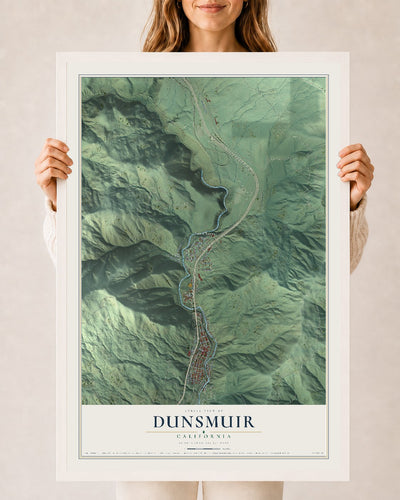 Map of Dunsmuir, California, 24 x 36 inch print in a white wood frame