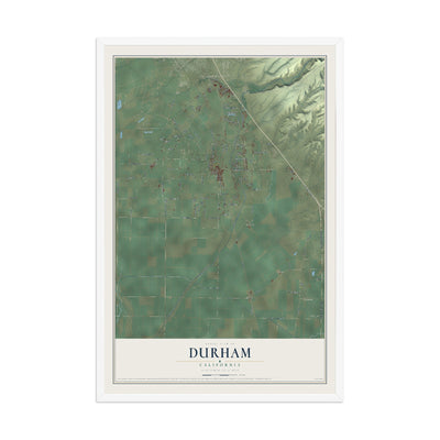 Map of Durham, California, 12 x 18 inch print in a white wood frame