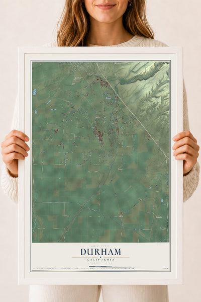 Map of Durham, California, 18 x 24 inch print in a white wood frame
