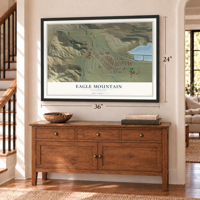 Eagle Mountain, California map, 24 x 36 inch print in a black frame above a dresser by a staircase