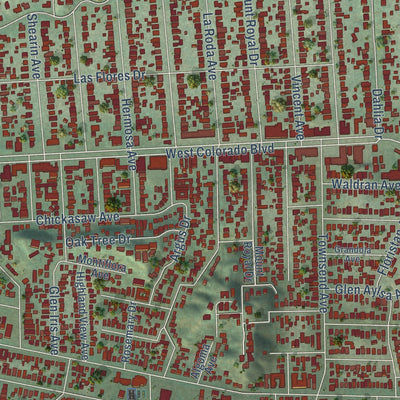 Close-up of the map of Eagle Rock, California print showing street and building detail