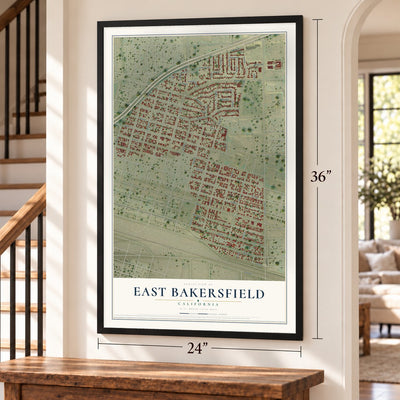 East Bakersfield, California map, 24 x 36 inch print in a black frame by a staircase