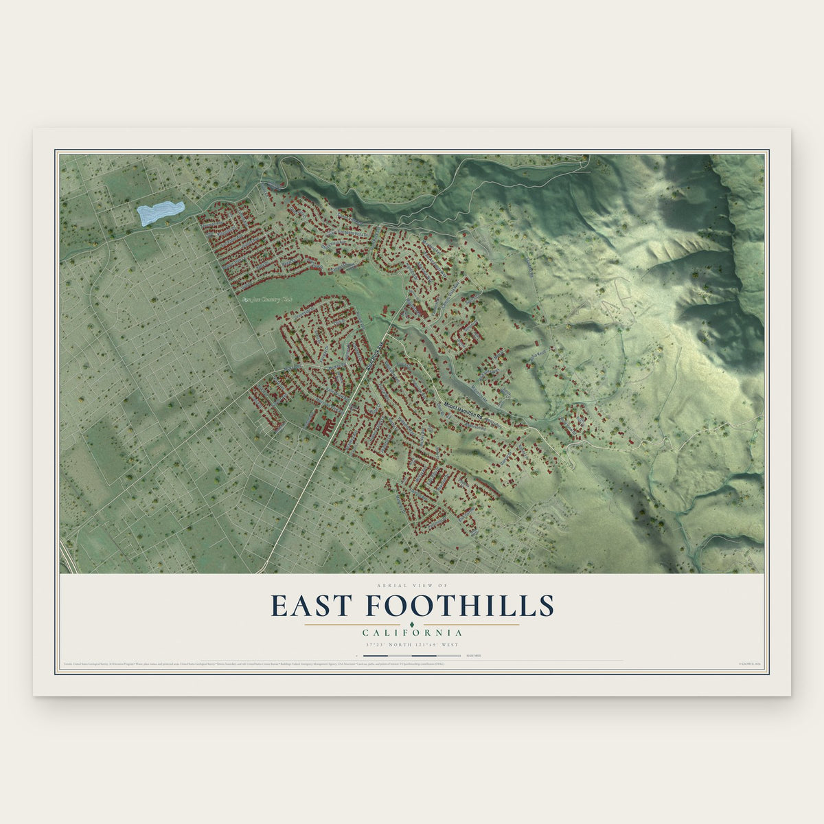 East Foothills, California map print, the full design