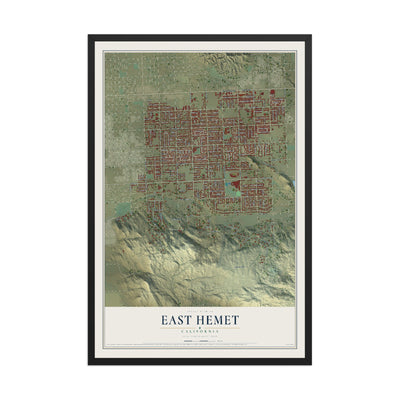Map of East Hemet, California, 12 x 18 inch print in a black wood frame