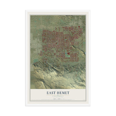 Map of East Hemet, California, 12 x 18 inch print in a white wood frame