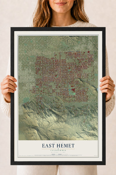 Map of East Hemet, California, 18 x 24 inch print in a black wood frame