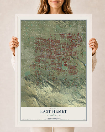 Map of East Hemet, California, 24 x 36 inch print in a white wood frame
