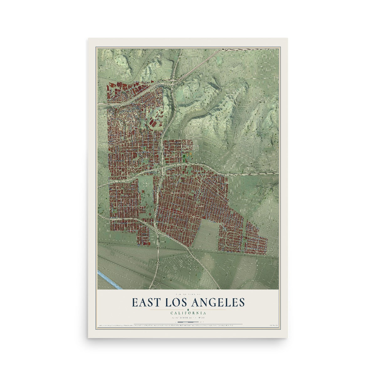 Map of East Los Angeles, California, 12 x 18 inch unframed archival matte print