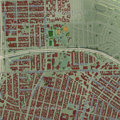 Second close-up of the map of East Los Angeles, California print showing more streets and buildings