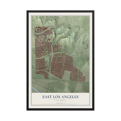 Map of East Los Angeles, California, 12 x 18 inch print in a black wood frame
