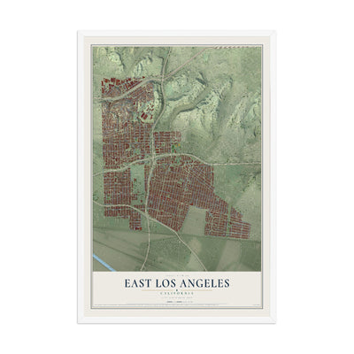 Map of East Los Angeles, California, 12 x 18 inch print in a white wood frame