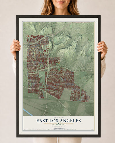 Map of East Los Angeles, California, 24 x 36 inch print in a black wood frame