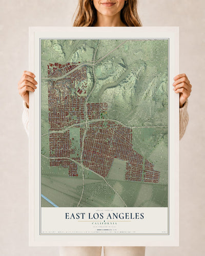 Map of East Los Angeles, California, 24 x 36 inch print in a white wood frame