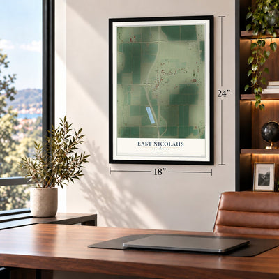 East Nicolaus, California map, 18 x 24 inch print in a black frame in a home office