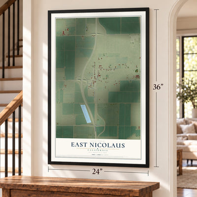 East Nicolaus, California map, 24 x 36 inch print in a black frame by a staircase