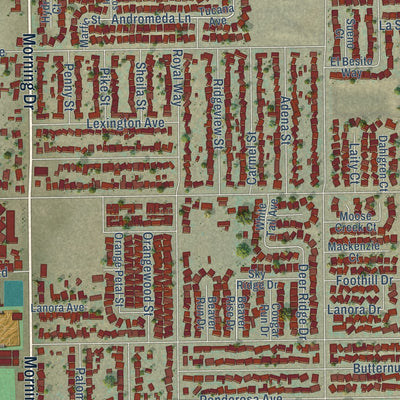 Close-up of the map of East Niles, California print showing street and building detail