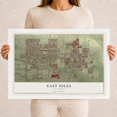 Map of East Niles, California, 12 x 18 inch print in a white wood frame