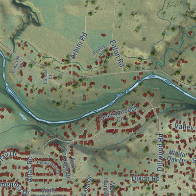 Close-up of the map of East Oakdale, California print showing street and building detail
