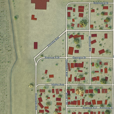 Close-up of the map of East Orosi, California print showing street and building detail