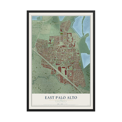 Map of East Palo Alto, California, 12 x 18 inch print in a black wood frame