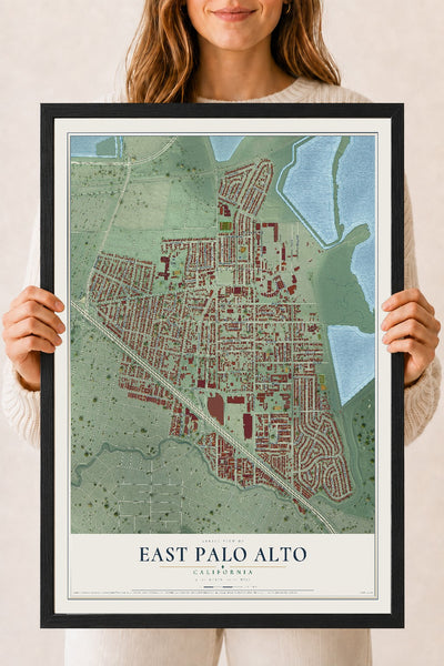 Map of East Palo Alto, California, 18 x 24 inch print in a black wood frame