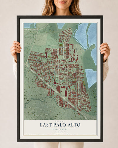 Map of East Palo Alto, California, 24 x 36 inch print in a black wood frame