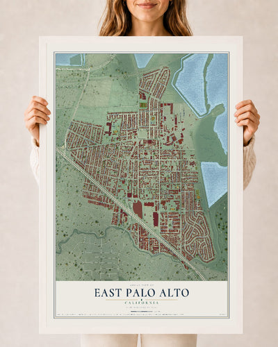 Map of East Palo Alto, California, 24 x 36 inch print in a white wood frame